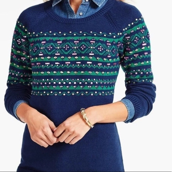 NWOT Talbots Fair Isle Rhinestone lambwool sweater women’s size M Petite - Picture 2 of 11